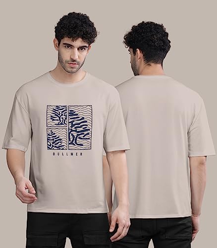 Image of BULLMER Peach Trendy Front Printed oversized Round Neck T-shirt for men