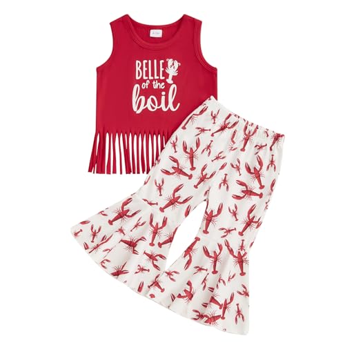 Image of Kids Toddler Baby Girl Crawfish Boil Outfit Red Tassel Shirts with Flare Pants Set 2Pcs Summer Clothes