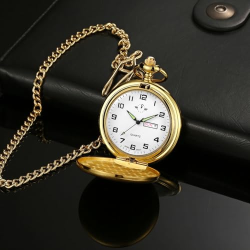 Image of BOSHIYA Smooth Quartz Pocket Watches for Men Classic Arabic Digital Luminous Dial & Day Date Pocket Watch with Chain Christmas Graduation Birthday Gifts