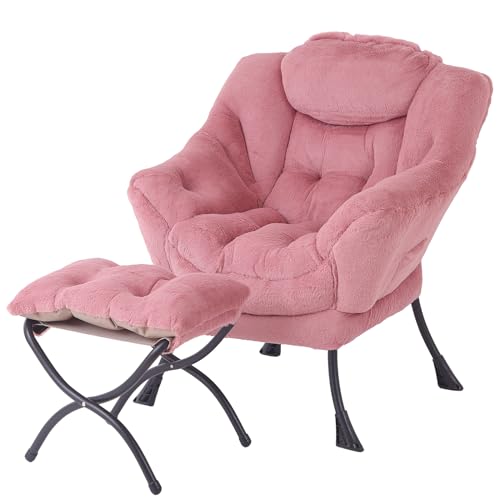 Image of Tiita Lazy Chair with Ottoman, Pink Modern Large Accent Armchair, Comfy Leisure Sofa Reading Chair with Footrest for Bedroom, Living Room, Dorm Rooms, Garden, Plush Dark Pink
