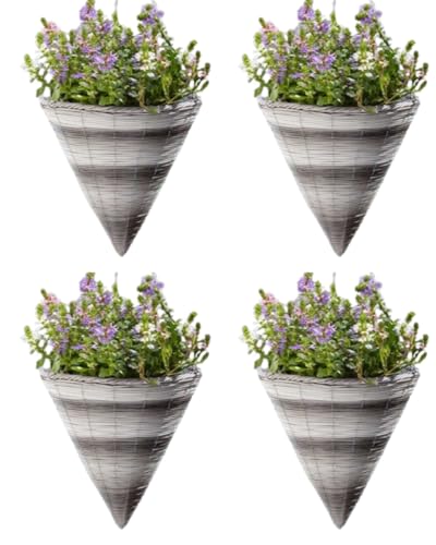 Garden Mile Garden Hanging Flower Basket 14'' Rattan Effect Cone Plant Holder Outdoor Plant Pot Planter with Hanging Chain Wicker Basket Planter Pre- Lined for Easy Planting (4)