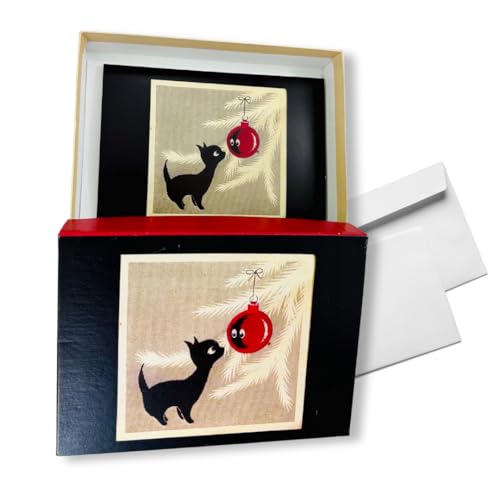 Retrospect Group Cat with Christmas Tree Ornament, 1960- Boxed Winter Holiday Cards with Envelopes- 15 Count- Vintage Feline Art- Ideal for Home and Office