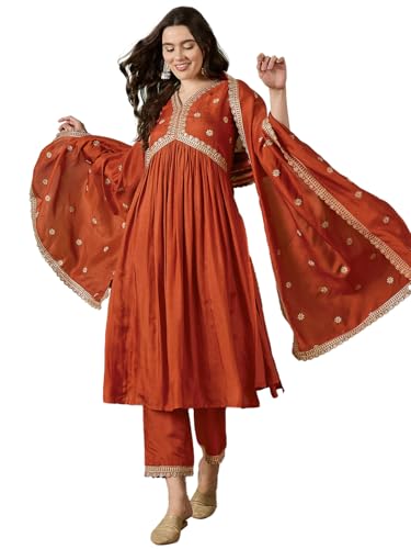 SheWill Women's Orange Vichitra Silk Alia Cut Kurta Set with Zari...