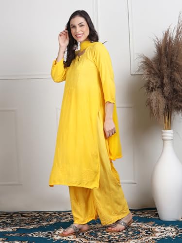 Image of Women's Luxe Lucknowi Chikankari Hand Embroidered Rayon Dyed Kurti Palazzo Dupatta Set - Designer Ethnic Wear for Wedding, Festive & Party Occasions