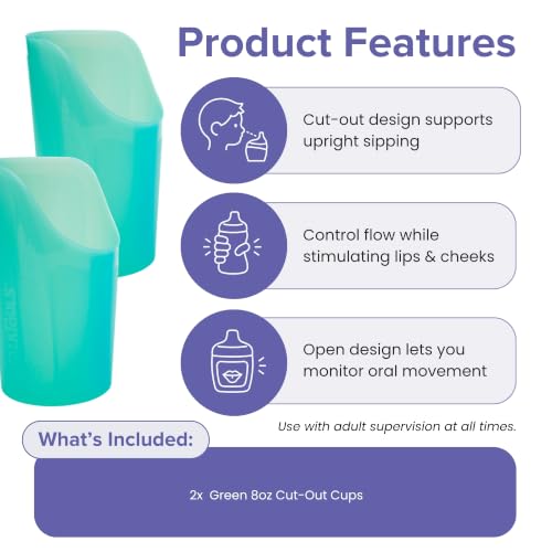 Image of TalkTools CutOut Nosey Cups - Drinking Glass for Stable & Fixed Position, Special Drinking Cups, Therapy Training Cups, Motor and Coordination Support (8 Oz (Green) - 2pk)