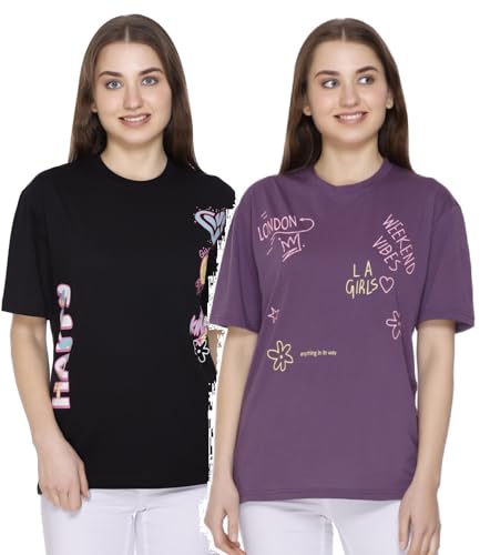 Image of Women Printed Drop-Shoulder Sleeves Oversized Pure Cotton T-Shirt (Combo of 2) |XS-XL Size