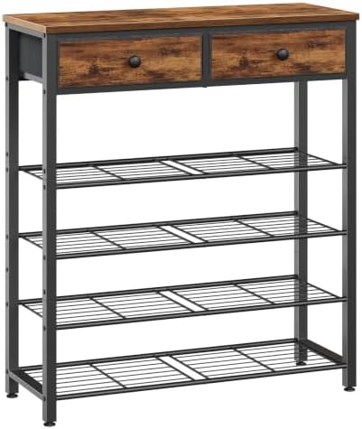 HOOBRO Schuhregal, Schuhablage mit 2 Schubladen und 4 Gitterablagen, 75 x 28 x 93 cm hoch, für Eingangsbereich, Flur, Wohnzimmer und Balkon, Vintagebraun und Schwarz EBF178XJ01
