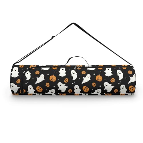 Pzuqiu Halloween Cute Ghost Yoga Mat Bag with Adjustable Straps, Yoga Mat Carrier Full Zip Exercise Gym Bag Multi Functional Storage Cargo Pockets