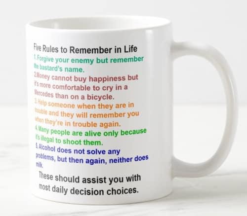 Vixar Five Rules to Remember in Life Funny Novelty Coloured Mug Cup Gift Birthday Work Office Christmas Tea Coffee (White) - Image 3
