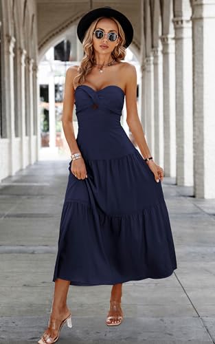 Image of ECOWISH Women's Summer Strapless Maxi Dress 2026 Off Shoulder Hollow Out Smocked A Line Tube Tiered Long Dresses