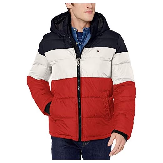 Tommy Hilfiger Men's Hooded Puffer Jacket, Midnight/ice/Orange Color Block, X-Large
