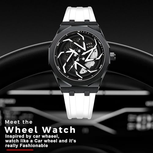 Image of IIK COLLECTION Men's Car Wheel Watch with Spinning Car Rim Hub Design with Silicon Strap|| Analog | Quartz Movement|| Water Resistant, Scratch Resistant