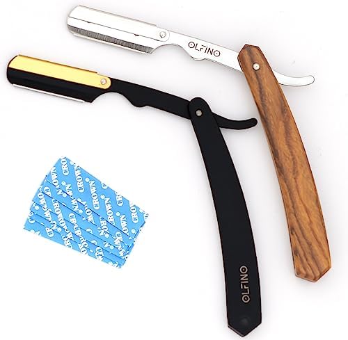 Pack of 2 Straight Razor Matte Black & Gold with Pouch & 20 Half Blades- Barber Razor Wood Handle Blades Professional Straight Edge Razor kit, OLFINO Straight Razors for Men Kit