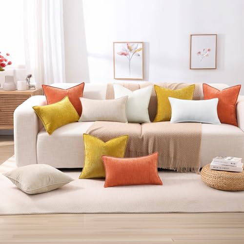 decorUhome Fall Couch Throw Pillow Covers 24x24 Set of 2, Decorative Soft Euro Neutral Chenille Pillow Covers with Elegant Design for Sofa Bed Living Room Home Decor, Rust