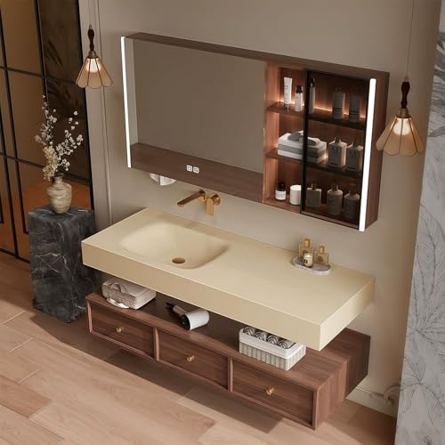 Modern Wall Mounted Floating Bathroom Vanity with Integrated Ceramic Sink, No Assembly Required, Hanging LED Intelligent Lighted Sensor and Demisting Mirror, Cabinet Spaces, 3 Soft Close Drawers