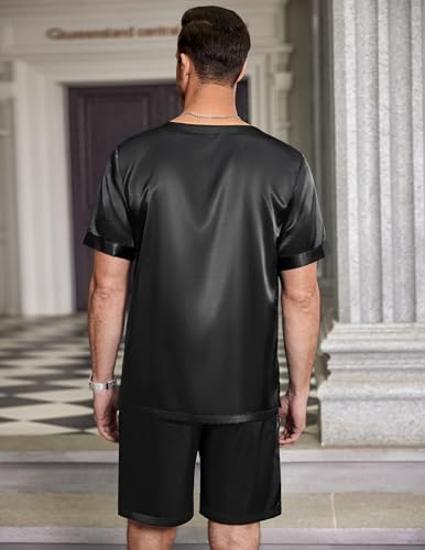 Ekouaer Men Silk Pajamas Set 2 Piece Pjs Soft Satin Sleepwear Shorts Button Down Tops Loungewear with Pockets3