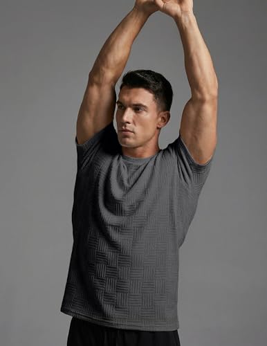 Image of JMIERR Mens T-Shirt Casual Stretch Solid Crewneck Short Sleeve Tees Textured Shirts