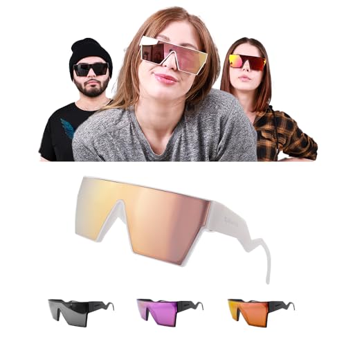 Polarized & Mirrored White & Pink Square Sunglasses – TR90 Lightweight, 100% UV Protection, Flex Hinges, White Frame, Blush Lenses – Designed in Canada, White and Pink2