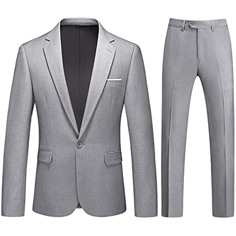 TRONSTORE Men's 2 Piece Suits One Button Slim Fit Solid Blazer Set Jacket Pants Business Light Grey Cover