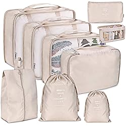 Newaner 9 piezas bolsas organizadoras de maleta, Organizador de Equipaje multifunción, Impermeable. Para zapatos, ropa, ropa interior, Cosméticos, Beige