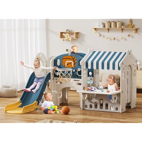 BIERUM 10 in 1 Toddler Slide with Basketball Hoop, Outdoor Slide for Toddlers Age 1-3 with Kid Playhouse, Indoor Toddler Playset Toddler Playground with Afternoon Tea Toy Set Blue Yellow Cover