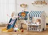 BIERUM 10 in 1 Toddler Slide with Basketball Hoop, Outdoor Slide for Toddlers Age 1-3 with Kid Playhouse, Indoor Toddler Playset Toddler Playground with Afternoon Tea Toy Set Blue Yellow