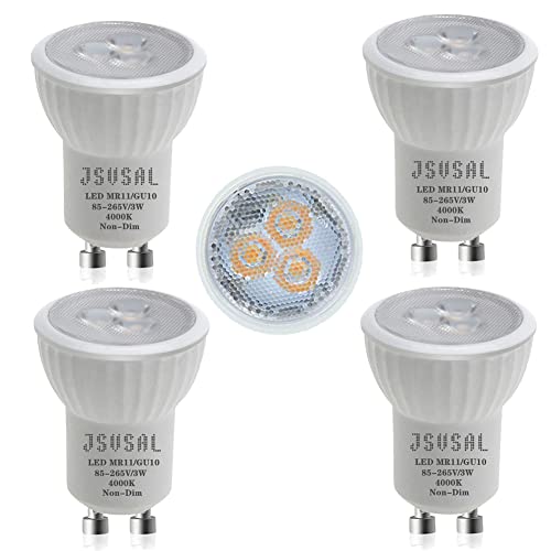 JSVSAL MR11 GU10 - Mini bombillas LED de 35 mm, CA 85-265 V, 3 W GU10, bombillas halógenas pequeñas de 25 a 35 W para iluminación de pista mr11 (4, blanco natural, 4000 K)