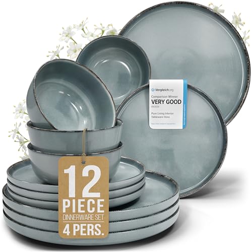 Image of Stoneware dinnerware set 4 persons Rustic 12 pcs - Rustic design dinnerware set, dishwasher safe - Bowl and plate set - Pure Living dinnerware in smoky blue