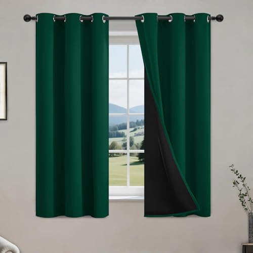 Image of COSVIYA 100% Dark Green Blackout Curtains for Kids Room 54 Inches Length | Room Darkening Light Blocking Drapes for Bedroom, Grommet Thermal Insulated Window Panels with Black Liner, W40xL54, 2 Panels