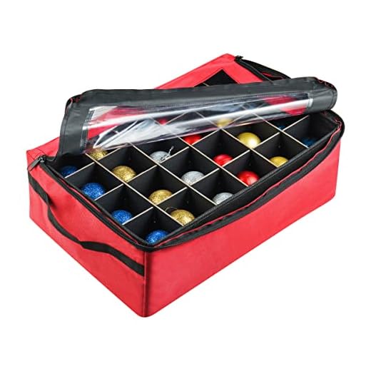 Ornament Storage Box - Zippered Lid Organizer with 48 Individual Compartments and Dividers for Christmas Bulbs and Decorations by Tiny Tim Totes (Red)