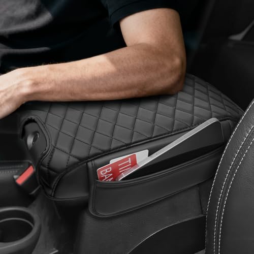 Image of Center Console Armrest Cover Compatible with 2011-2017 Jeep Wrangler JK Accessories Black Leather Arm Rest Lid Protector with Storage Pockets