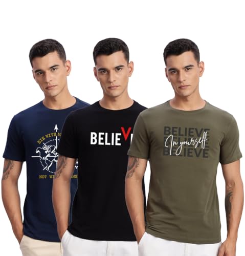 Image of ADRO 100% Cotton Lycra Tshirts for Men Combo Pack of 3 | Regular Fit | Printed T Shirt | Round Neck Half Sleeve| Mens Tshirts