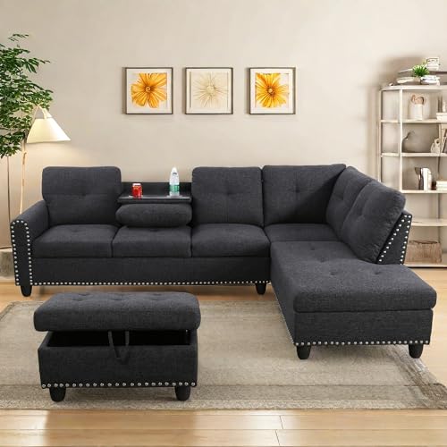 ChicFurnit L Shaped Sectional Couches, Modular Sectional Sofa with Ottoman Storage, Nail-Head Design Lounge Sofa with Reversible Cup Holder for Living Room, Bedroom, Gray by ChicFurnit - Image 6