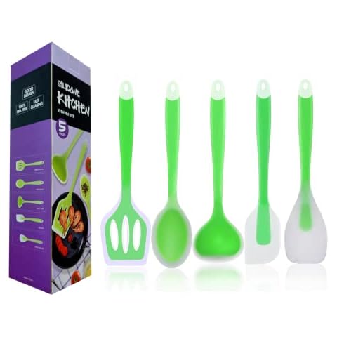 5pcs Silicone Kitchen Utensils Set,Silicone Cooking Utensils Set BPA-Free,Baking Cooking Tools Slotted Turner,Silicone Spatula,Spoon,Scraper,for Nonstick Heat Resistant Cookware Stainless Steel Core Cover