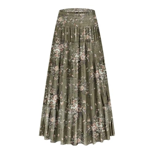 CYiNu Women's Chiffon Elastic High Waist Tiered Pleated Floral Printed A-Line Boho Long Maxi Skirts