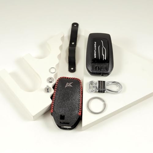 Image of Leather Smart Car Key Cover Case with Metal Hook Keychain for Toyota Fortuner Innova Crysta (Black)