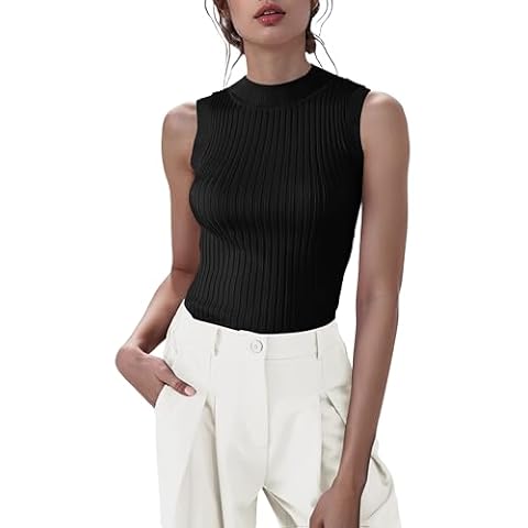 v28 Women Sleeveless Mock Neck Vest Casual Sexy Cute Knit Shirts Tank Tops Pullover (L, Black) Cover