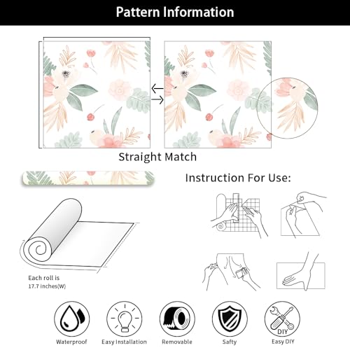 Papel de pared hojas verdes y amapola rosa autoadhesivo y extraíble 8