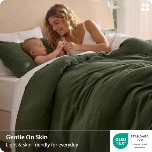 Image of Bedsure 100% Muslin Cotton Duvet Cover Queen Size - Ultra-Soft Gauze Duvet Cover, PureWoven Breathable & Lightweight Bedding Set with Zipper Closure and Corner Ties (Olive Green, Queen, 90 inchx90 inch)