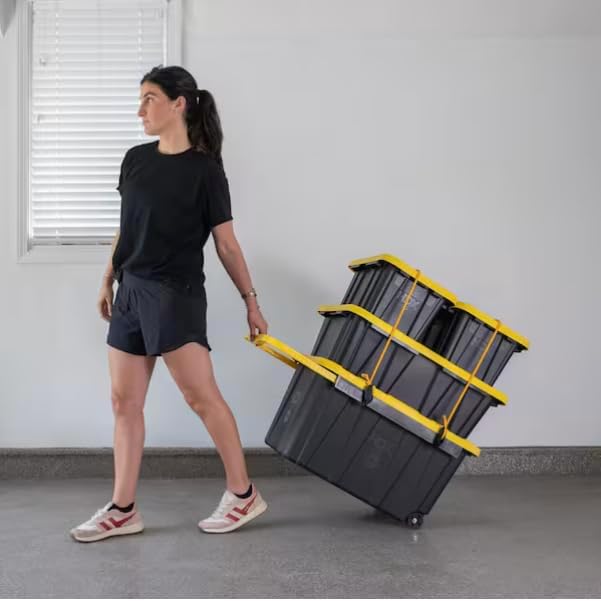 Heavy Duty Rolling Storage Container, 27 Gallon Capacity, Black and Yellow Plastic Tote Box with Wheels and Lid