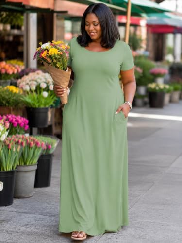 Image of PinkPatty Women's Plus Size Maxi Dresses Short Sleeve Sundress Summer T-Shirt Beach Long Dress with Pockets