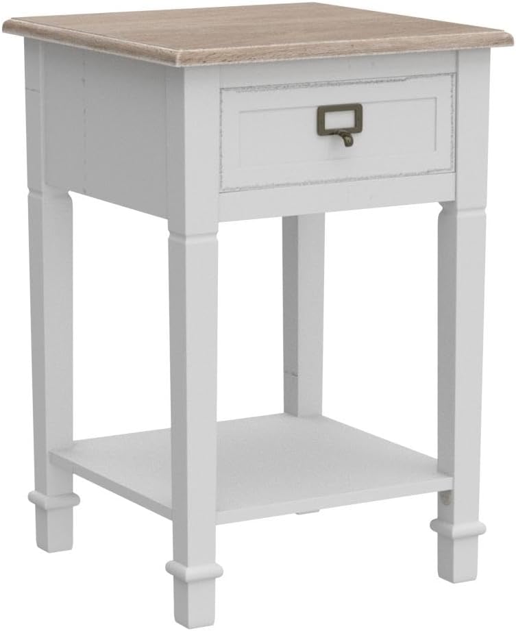 Wnutrees Rustic Farmhouse Accent End Table, Nightstand Side Tables with Drawers and Open Storage Shelf for Living Room, Wooden Top, Handcrafted Finish, Set of 2, White