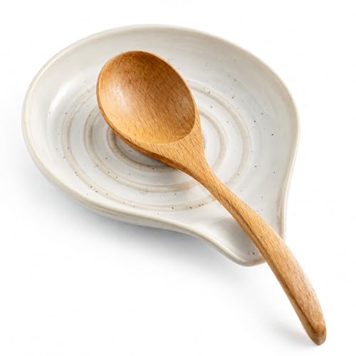 Image of LAUCHUH Spoon Rest, 5 inches Large Ceramic Spoon Rest for Stove Top Cooking Spoon Holder for Kitchen Counter Spatula Holder for Tongs, Ladle, Fork, Heat-Resistant, Beige with Speckled