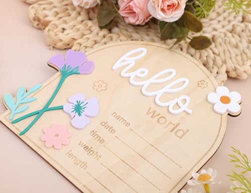 Image of Daisy Hello World Wooden Card - Baby Girls Birth Announcement Board,Newborn Information Record For Hospitals,Daisy Milestone Card Photo Props,Welcome Baby Party Nursery Decorations (hello world card)