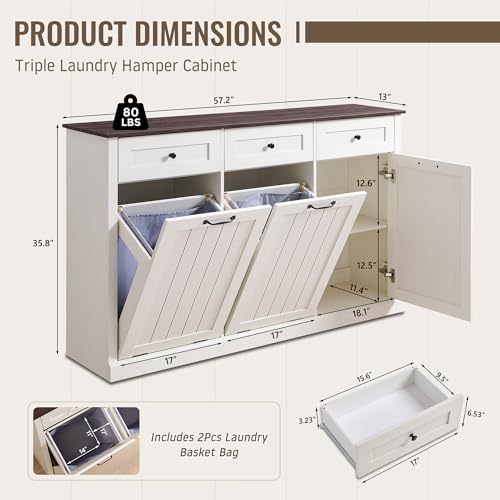 Image of IFBUY Triple Tilt Out Laundry Hamper Cabinet, Trash Cabinet, Antique White