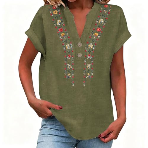 Boho Tops for Women Summer Casual Collared Short Sleeve Top Lightweight Teacher Bohemian Embroidered Tops Comfy Beach Cotton Linen Top Bigfoot Crinkle Gauze Business Tunic Summer 2026 Cover Ups