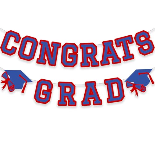 Image of Congrats Grad Banner Graduation Party Banner Decoration Hanging Garland High School College Backdrop Supplies Blue Red
