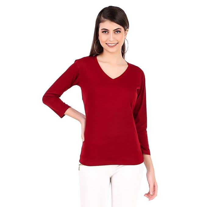 Image of Women's 3 /4 Sleeves Regular Fit V-Neck Cotton T-Shirt
