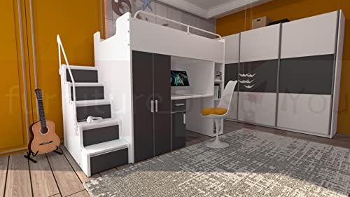 Modern Cabin High Sleeper Bed Bunk Bed Loft Bed Storage Mid Sleeper High Bed Wardrobe Desk Stairs Set Foam Mattress Included Maximilian 4SM White Colour (White), Small Single