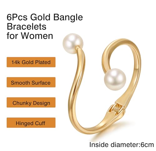 BOMAIL 6pcs Chunky Gold Bangle Bracelet for Women 14k Gold Plated Wide Hinged Cuff Open Bracelet Dainty Minimalist Bangle Jewelry2